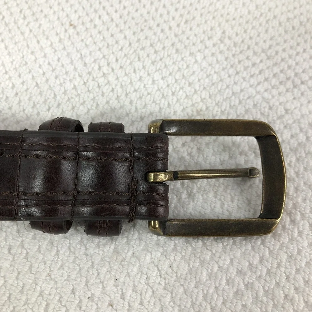 Genuine leather dress‎ belt men's 38-42 brown brass buckle stitch accent